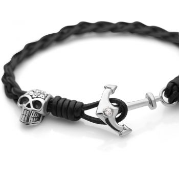 SUVANI Sterling Silver CZ Skull Head Navy Sailor Ship Anchor Gothic Braided Woven Cord Bracelet 7.5”