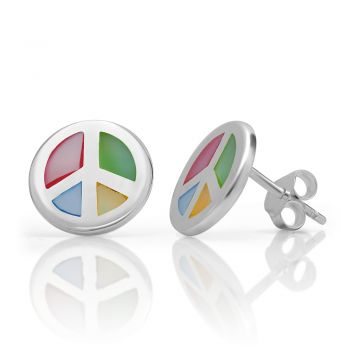 925 Sterling Silver Multi-Colored Mother of Pearl Peace Sign 13 mm Post Stud Earrings - Nickel Free