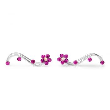 SUVANI 925 Stelring Silver Fuchsia Pink Swarovski Crystal Flower Vine Ear Cuff Earrings