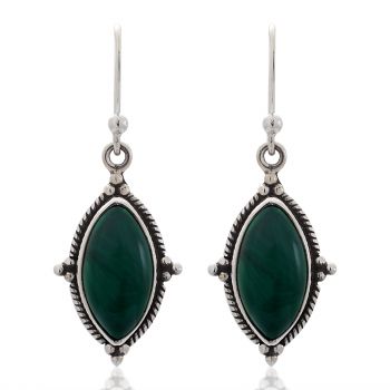 SUVANI Sterling Silver Green Malachite Gemstone Vintage Marquise Shape Rope Edge Dangle Hook Earrings 1.4"