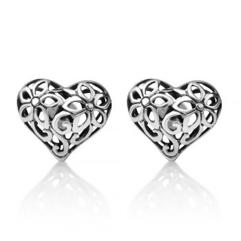 SUVANI Sterling Silver Bali Inspired Filigree Flower Puffed Heart-Shaped Post Stud Earrings 11x17 mm