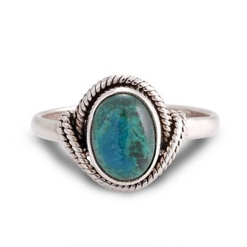 925 Sterling Silver Chrysocolla Gemstone Oval Rope Edge Vintage Band Ring Size 6, 7, 8