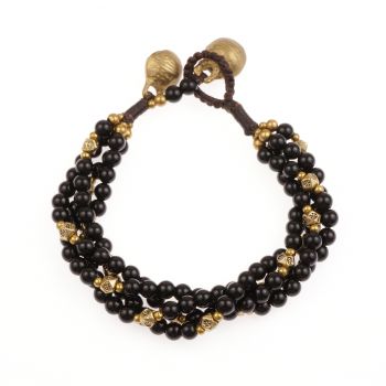 Brass and Genuine Black Onyx Gemstone Multi Strand Beaded Bracelet