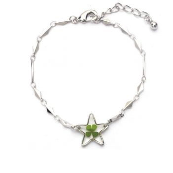 Stainless Steel Real Irish Four Leaf Clover Good Luck Symbol Clear Star Charm Bracelet 7''-8.5''