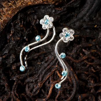 SUVANI 925 Sterling Silver Blue Swarovski Crystal Flower Vine Design Cuff Earrings