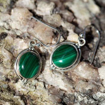 SUVANI 925 Oxidized Sterling Silver Green Malachite Gemstone Oval Vintage Dangle Hook Earrings 1.3"