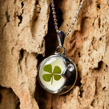 SUVANI Stainless Steel Real Four (4) Leaf Clover Good Luck Shamrock Moon Pendant Necklace, 16-18 inches