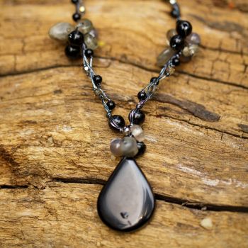 Handmade Black Agate and Quartz Gemstones Silk Thread Cluster Women Necklace 17" -19"