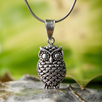 SUVANI Oxidized Sterling Silver Vintage Style Detailed Owl Bird Lover Pendant Necklace, 18 inches