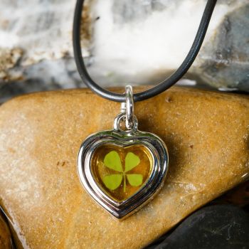 Stainless Steel and Black Cord Real Four Leaf Clover Good Luck Heart Pendant Necklace
