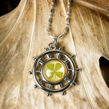 Stainless Steel Real Irish Four Leaf Clover Navy Sailor Wheel Anchor Pendant Necklace, 16-18 inches