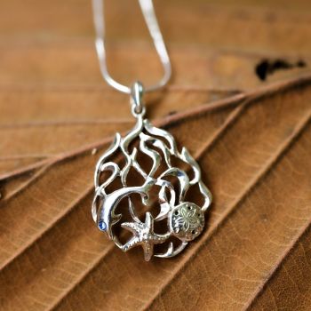 SUVANI Sterling Silver Open Coral Dolphin Fish Sand Dollar Starfish Underwater Pendant Necklace, 18”