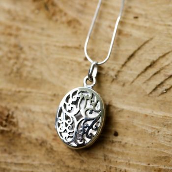 SUVANI Oxidized Sterling Silver Open Filigree Detailed Oval Shaped Locket Pendant Necklace, 18 inches Active