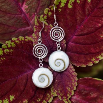 SUVANI 925 Sterling Silver Natural Shiva Eye Shell Double Round Dangle Drop Earrings