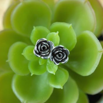 SUVANI 925 Oxidized Sterling Silver Small Rose Flower 8 mm Post Stud Earrings