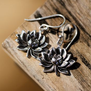 SUVANI 925 Oxidized Sterling Silver Vintage Detailed Lotus Flower Blossom Dangle Hook Earrings 1.1"