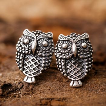 SUVANI Oxidized Sterling Silver Detailed Little Vintage Owl Wisdom Bird Lover Post Stud Earrings 14 mm