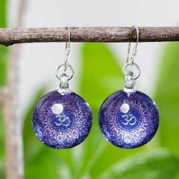 SUVANI Sterling Silver Hand Blown Glass Violet Om Ohm Aum Symbol Mandala Design Round Dangle Earrings