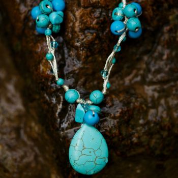 Handmade Blue Turquoise Gemstones Beads Silk Thread Cluster Women Necklace 17" -19"