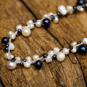 Silk Thread and Black White Cultured Freshwater Pearl Peacock Princess Length Necklace, 17-19 inches