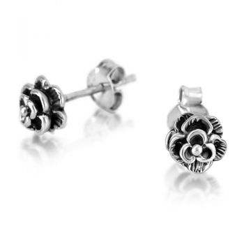 925 Oxidized Sterling Silver Tiny Rose Flower Detailed Post Stud Earrings 6 mm
