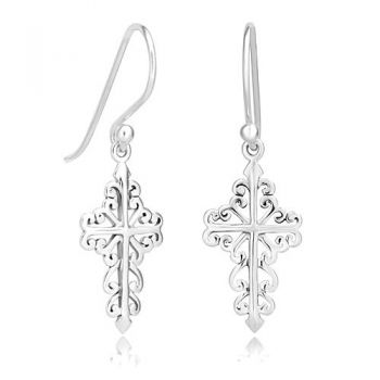 925 Sterling Silver Celtic Filigree Cross Dangle Hook Earrings