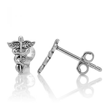 925 Sterling Silver Tiny Caduceus Astrology Medical Symbol 10 mm Post Stud Earrings