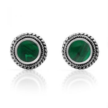 925 Sterling Silver Bali Inspired Tiny Green Malachite Gemstone Braided Round 9 mm Stud Earrings