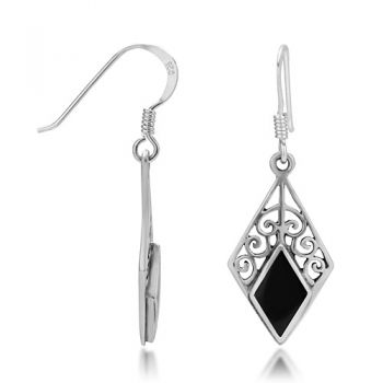 925 Sterling Silver Bali Inspired Black Onyx Gemstone Diamond-Shaped Filigree Dangle Hook Earrings