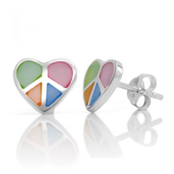 925 Sterling Silver Multi-Colored Mother of Pearl Peace and Love Heart 10 mm Post Stud Earrings