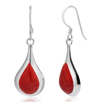 925 Sterling Silver Natural Red Sea Bamboo Coral Inlay Puffed Teardrop Dangle Hook Earrings