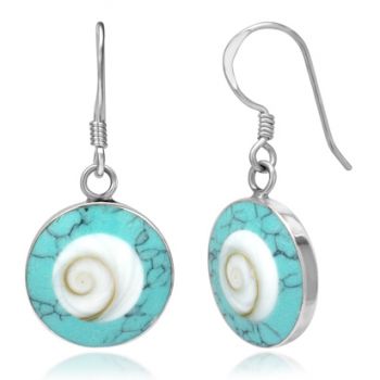 925 Sterling Silver Turquoise and Shiva Eye Shell Inlay Round Dangle Hook Earrings