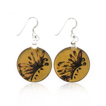 Sterling Silver Hand Painted Venetian Murano Glass Gold Butterfly Round Dangle Hook Earrings 1.8
