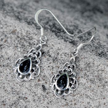 SUVANI 925 Sterling Silver Bali Inspired Vintage Black Onyx Gemstone Filigree Dangle Hook Earrings