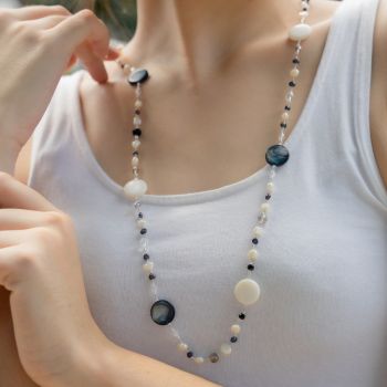 White & Peacock Black Mother of Pearl Cultured Freshwater Pearl Crystal Beads Long Necklace 34-36"