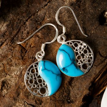 SUVANI Sterling Silver Blue Turquoise Stone Yin Yang Symbol Round Dangle Hook Earrings 1.2'' Jewelry for Women