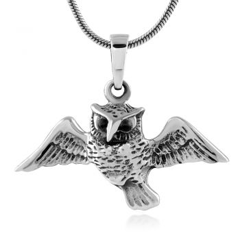 SUVANI 925 Oxidized Sterling Silver Flying Owl Bird Pendant Necklace, 18 inches - Nickel Free