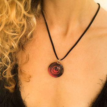 SUVANI Hand Blown Venetian Murano Glass Black Red Circular Wave Art Pendant Necklace, 18-20''