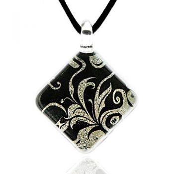 Hand Blown Venetian Murano Glass Abstract Black Leaf Vine Square Pendant Necklace, 17-19 inches