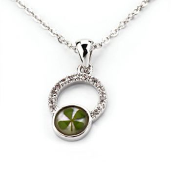 Stainless Steel Real Lucky Four Leaf Clover Double Circles Pendant Necklace, 16-18 inches