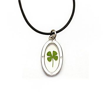 Black Cord Real Irish Four Leaf Clover Good Luck Symbol Clear Oval Shaped Pendant Necklace, 16-18”