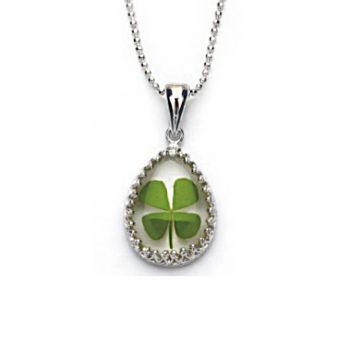 Stainless Steel Real Irish Four Leaf Clover Teardrop Shaped Pendant Necklace, 16-18 inches