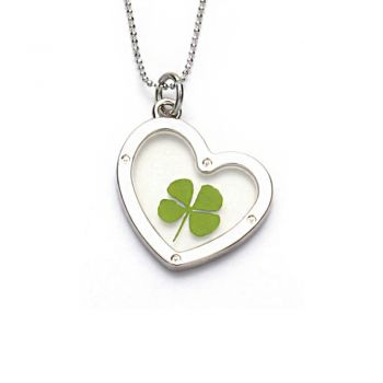 Stainless Steel Real Four Leaf Clover Dangling Heart Pendant Necklace, 16-18 inches