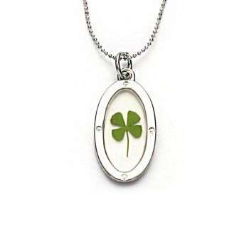 Stainless Steel Real Four Leaf Clover Good Luck Symbol Clear Oval Shaped Pendant Necklace, 16-18”