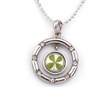 Stainless Steel Real Four Leaf Clover Shamrock Double Circles Wheel Pendant Necklace, 16-18 inches