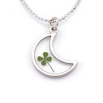 Stainless Steel Real Four Leaf Clover Good Luck Clear Half Moon Pendant Necklace, 16-18 inches