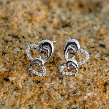 SUVANI Sterling Silver CZ Twin Heart Mom & Baby Dolphin Fish Love Symbol Post Stud Earrings 13 mm