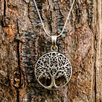 SUVANI 925 Oxidized Sterling Silver Open Filigree Ancient Tree of Life Symbol Round Pendant Necklace, 18”