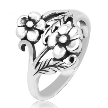925 Oxidized Sterling Silver Vintage Detailed Flower with Leaves Band Ring Women Jewelry Size 6